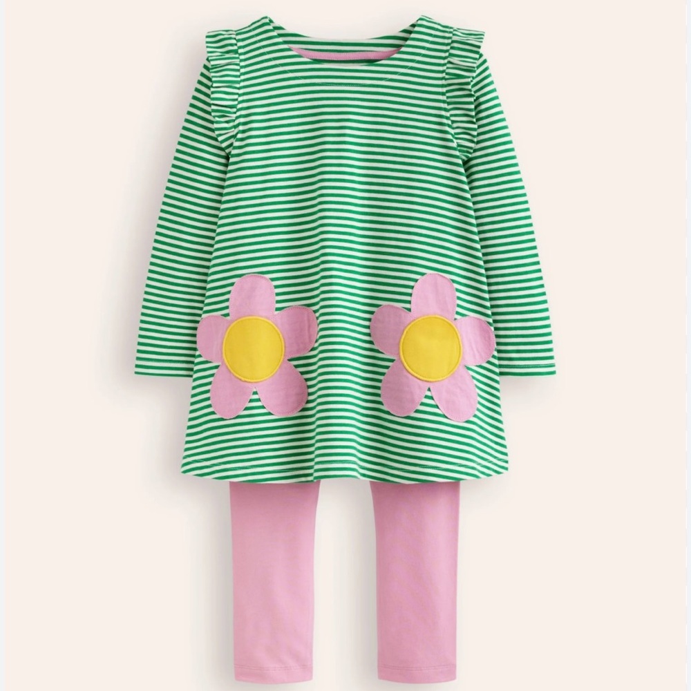 BODEN FRILL TUNIC LEGGING SET HIGHLANDS GREEN/IVORY FLOWER - 11-12Y